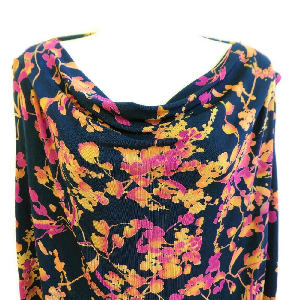 Vintage Jolie Femme USA Draped Neck Floral Top Sleeveless Black Orange Pink XL - Picture 3 of 8